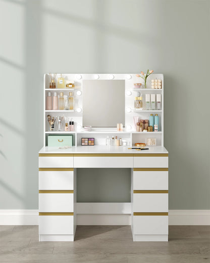Dressing Table with 10 LED Light Balls,Adjustable Brightness,Large HD Mirror,1 Large Drawer and 8 Small Drawer Cabinets