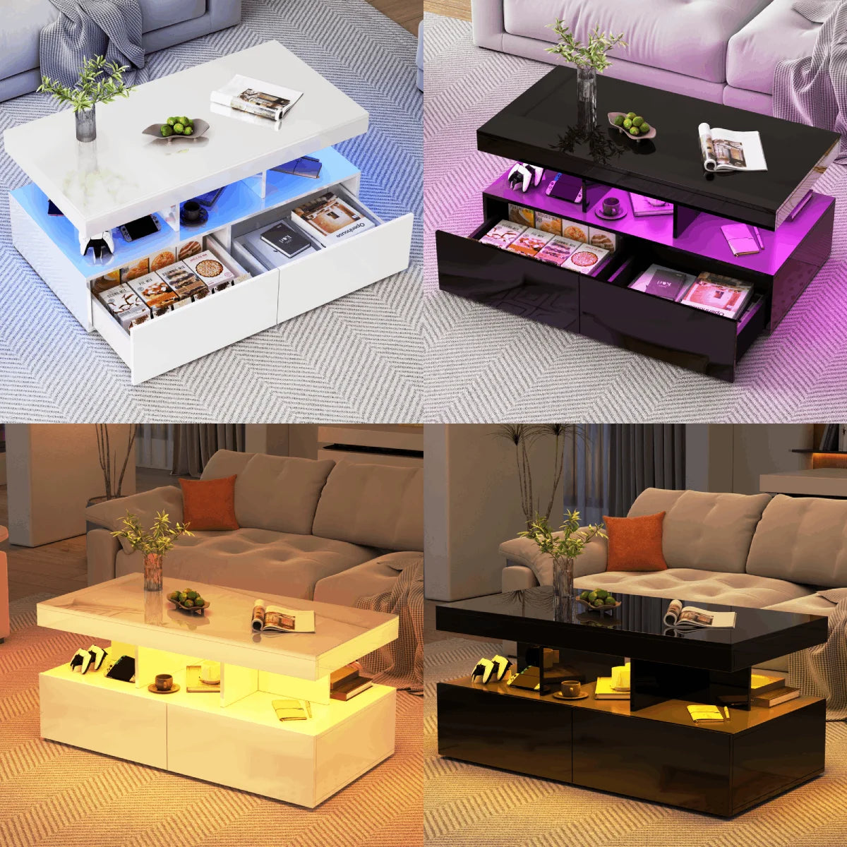 Salontafel met LED-verlichting - Kunstleren Afwerking, 2 Laden, 104 × 53 × 46 cm