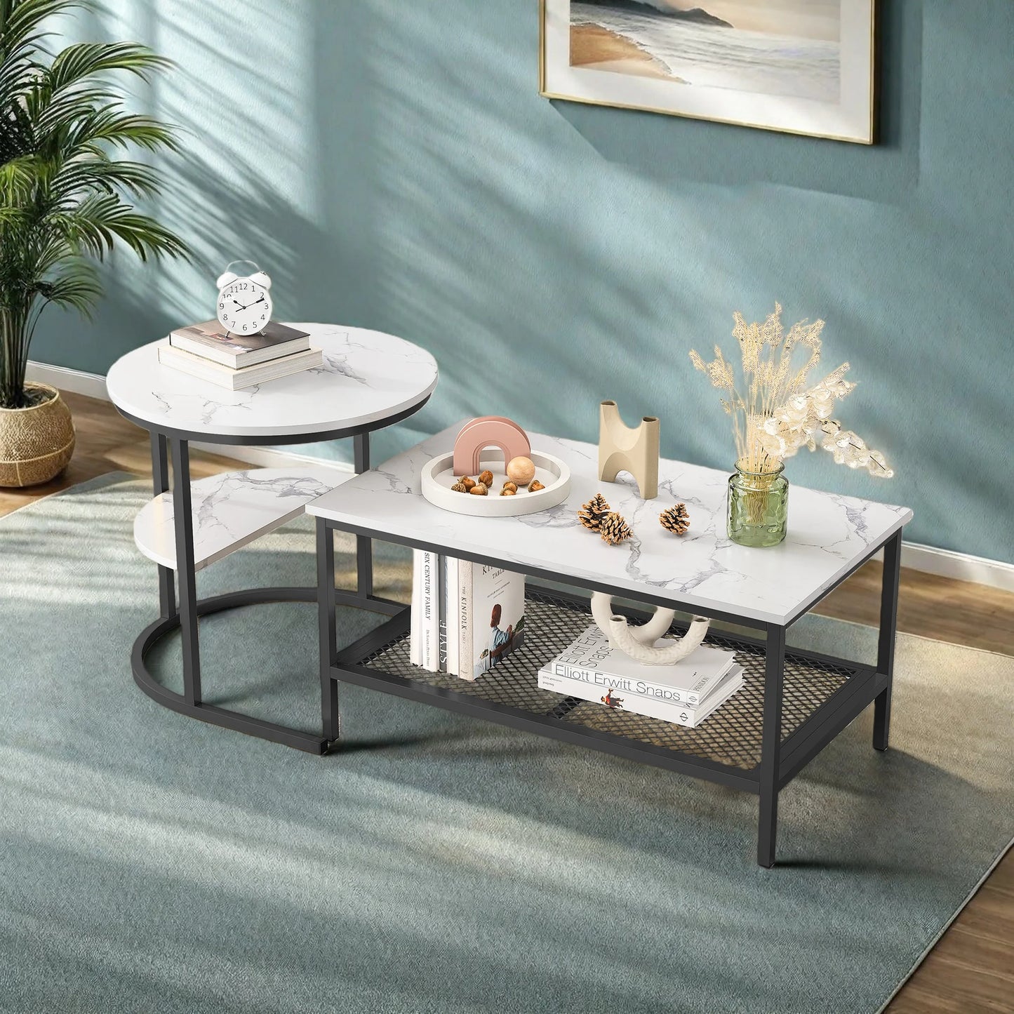 Salontafel Set - 2-Delig - Rond En Rechthoekig - Zwart En Wit