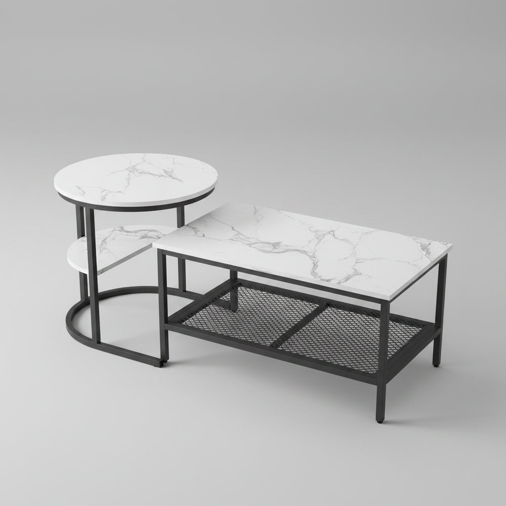 Salontafel Set - 2-Delig - Rond En Rechthoekig - Zwart En Wit
