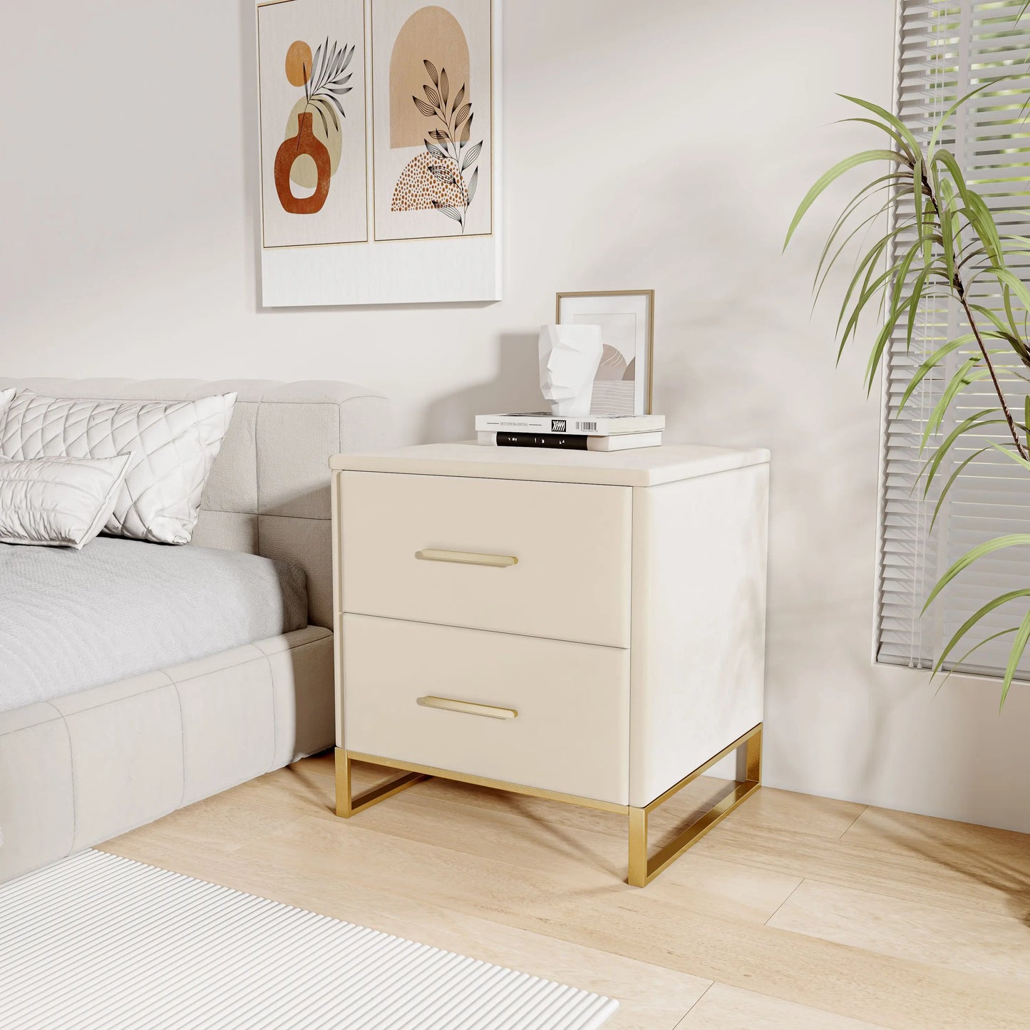 Nachtkastjes - Set van 2 - Velours bekleding - Gebroken Wit