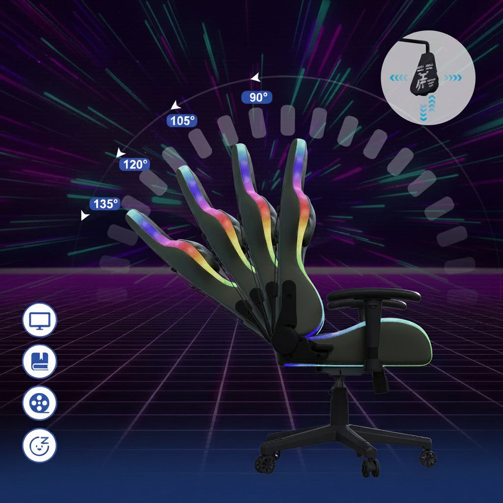Gamingstoel met RGB LED-verlichting, Lumbar Massage en 90-135° aanpasbare rugleuning