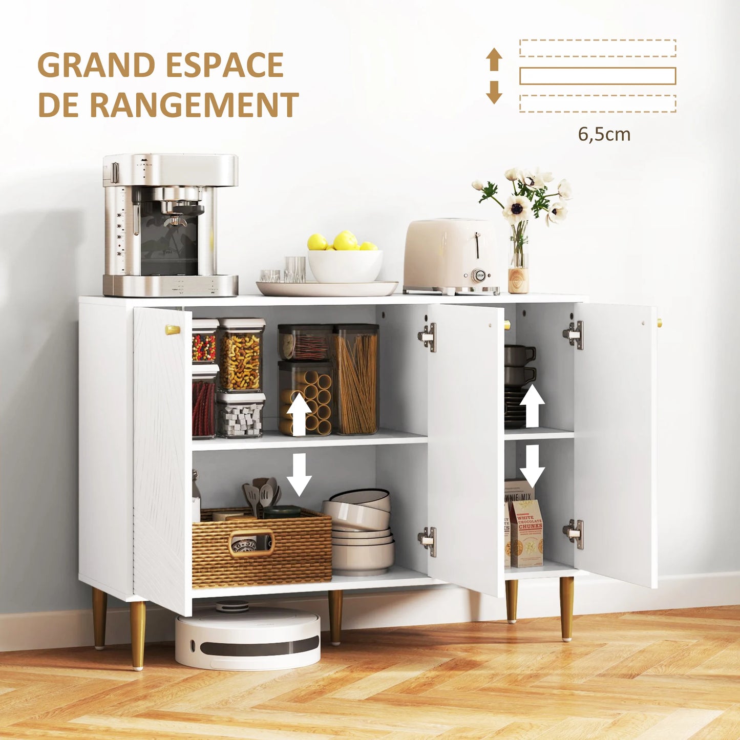 HOMCOM Buffet, storage unit, with 2 closet, adjustable shelves, 3 doors with carved lines, steel Golden Feet, blan