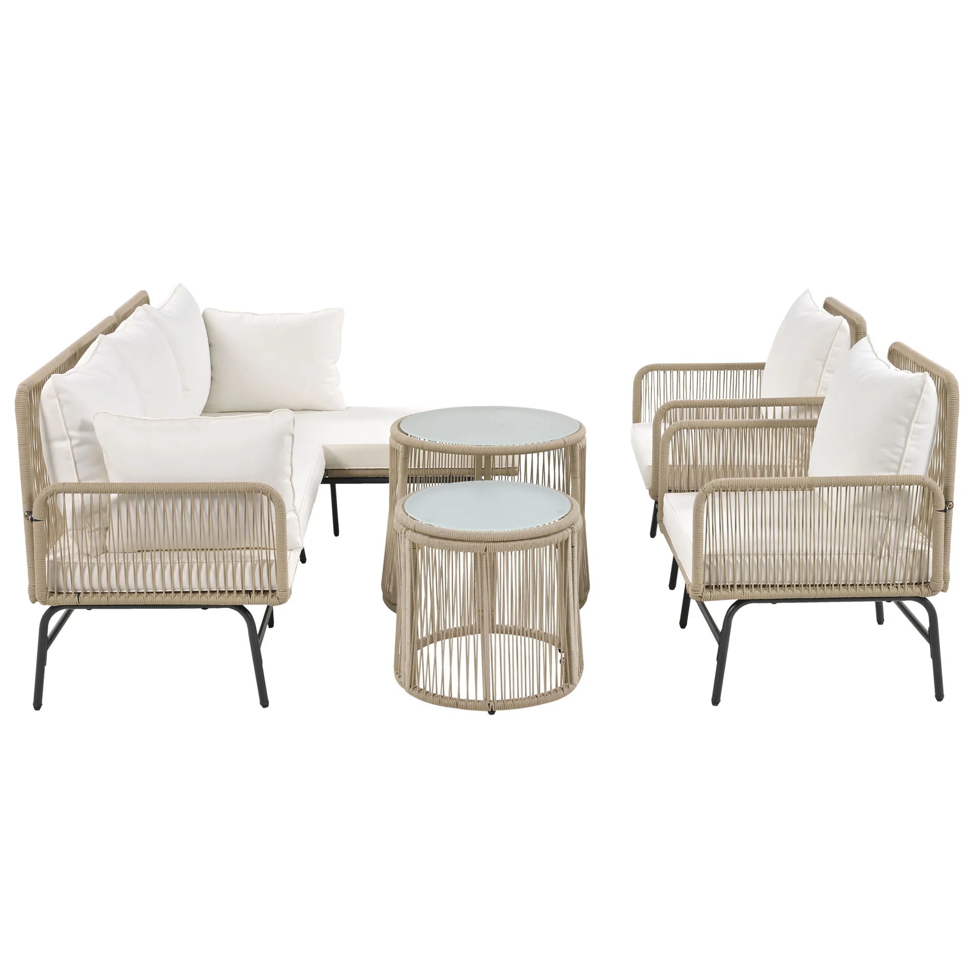 5-Persoons Lounge Set - 2 stoelen - Hoekbank - Bijzettafels - Beige