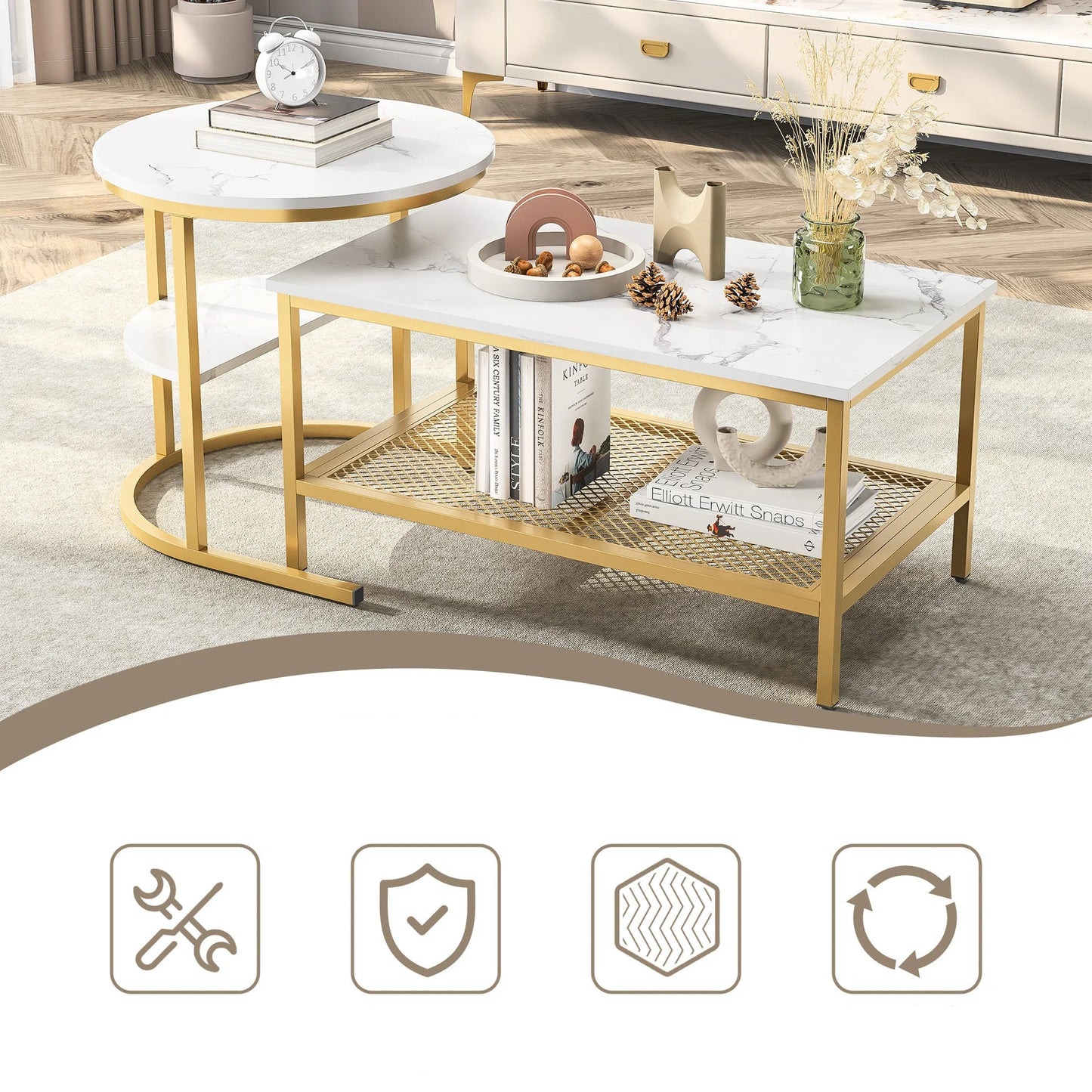 Salontafel Set - 2-Delig - Rond En Rechthoekig - Zwart En Wit