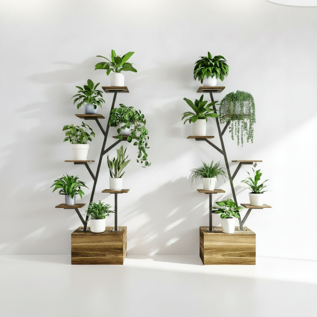 Plantenstandaard - Boomvormig Ontwerp - Houtkleurig - Metalen Frame
