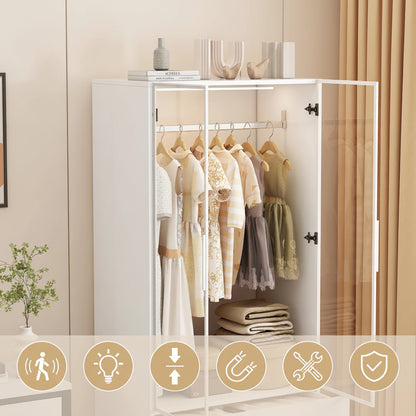 Kast met LED Licht en Hangstang - 2 Opbergruimtes - 80x50x175cm, Wit