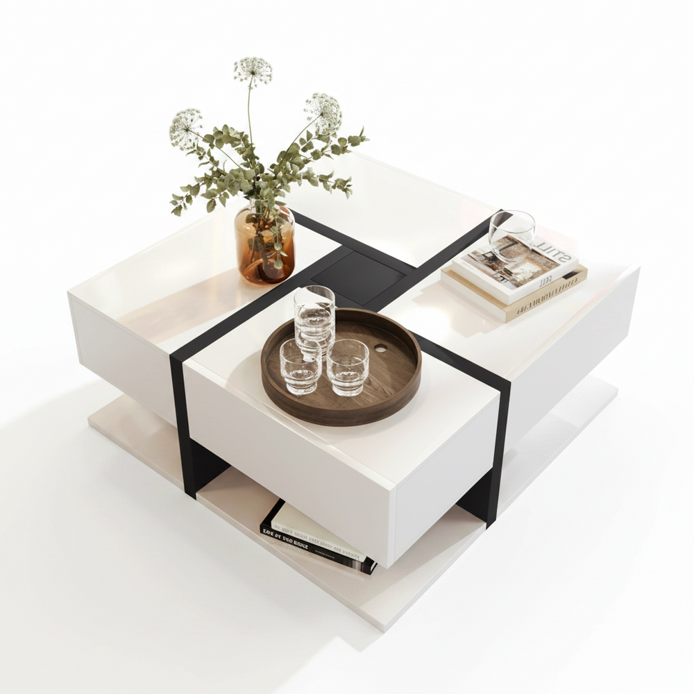 Houten Salontafel - 4 Laden - Hoogglans - Wit