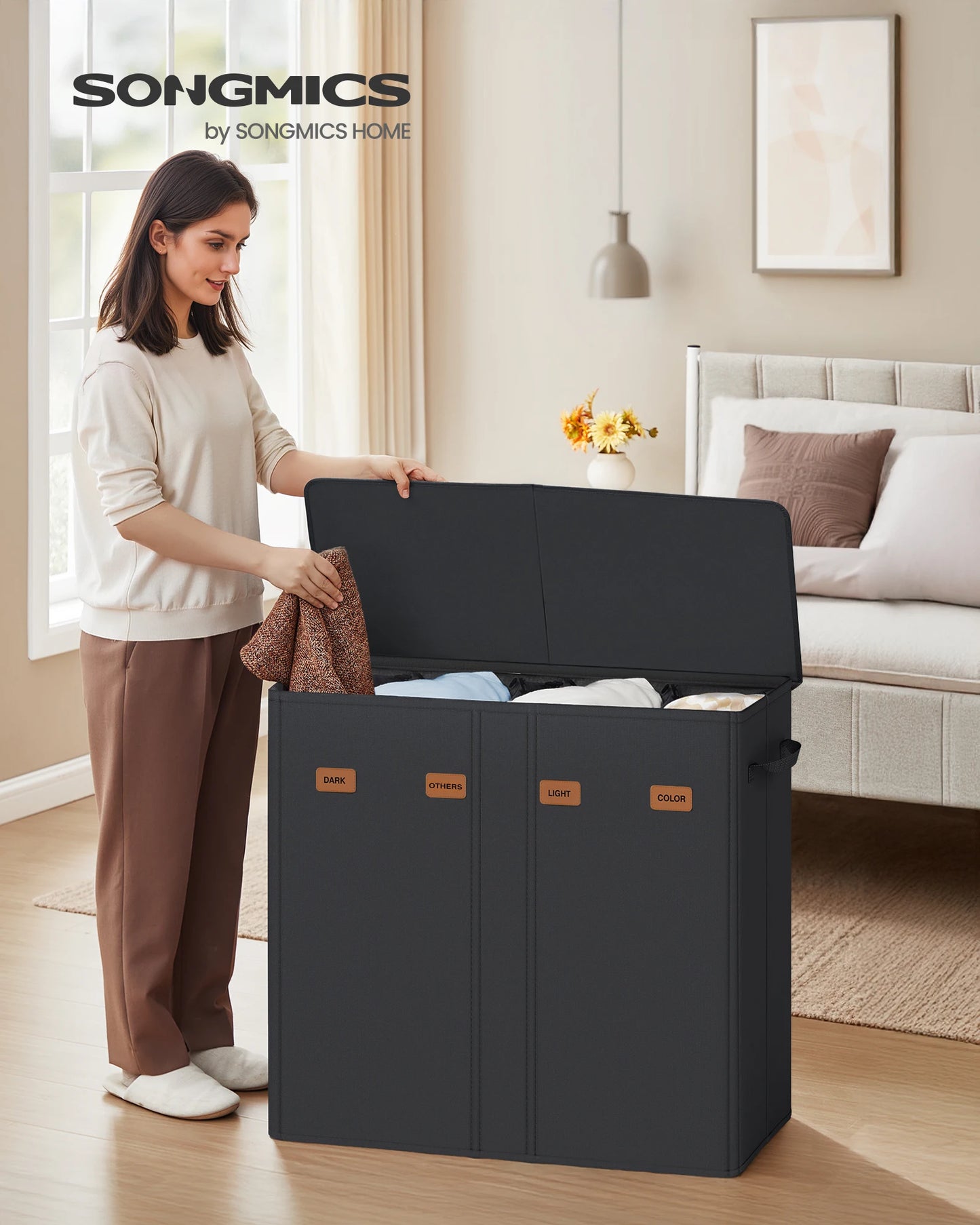 SONGMICS laundry basket with 4 compartments 210 L with lid 5 labels removable and washable inner bag laundry room