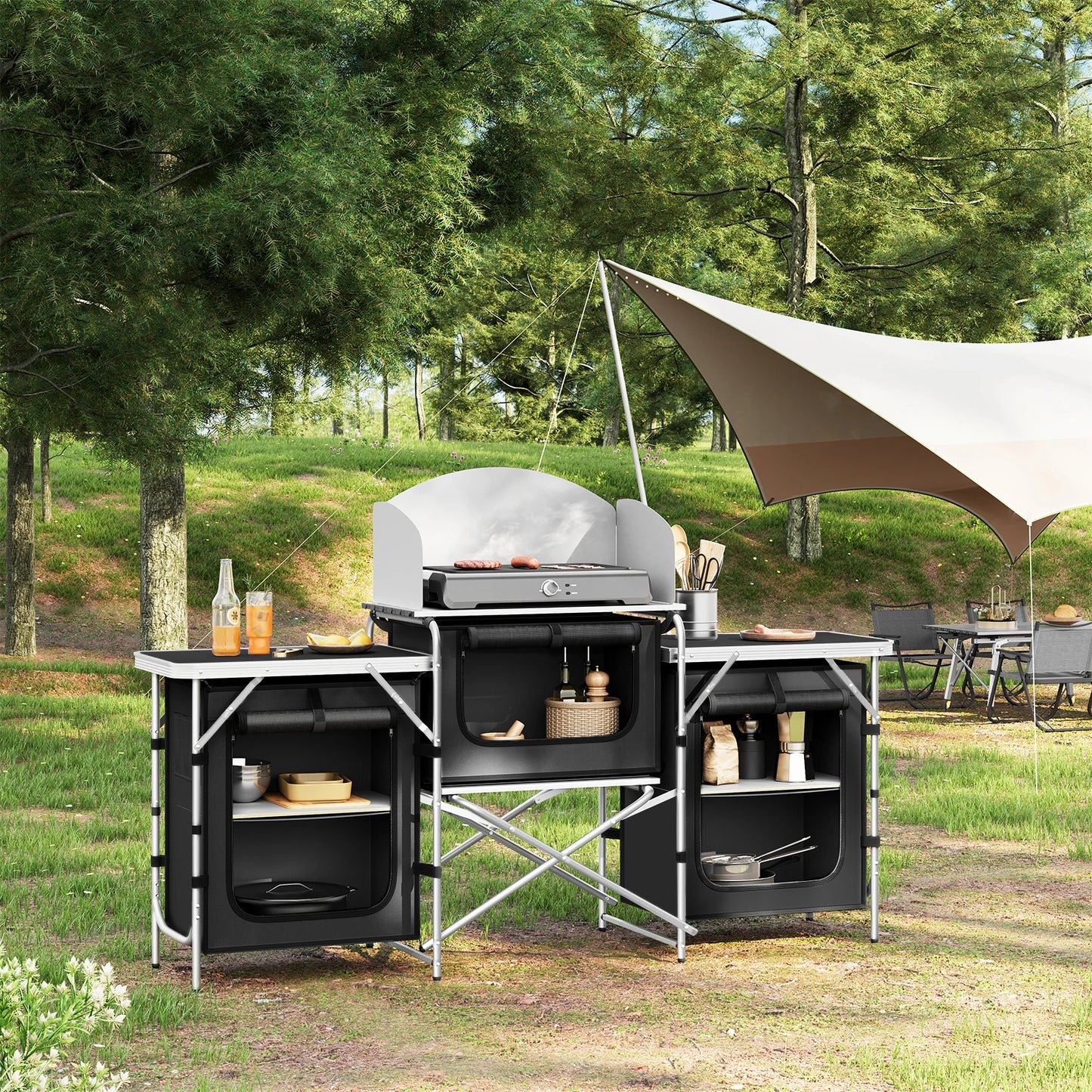 WOLTU Folding Camping Cabinet Aluminium Travel Kitchen with Worktops Storage for Outdoor Picnic BBQ Garden Table with Carry Bag