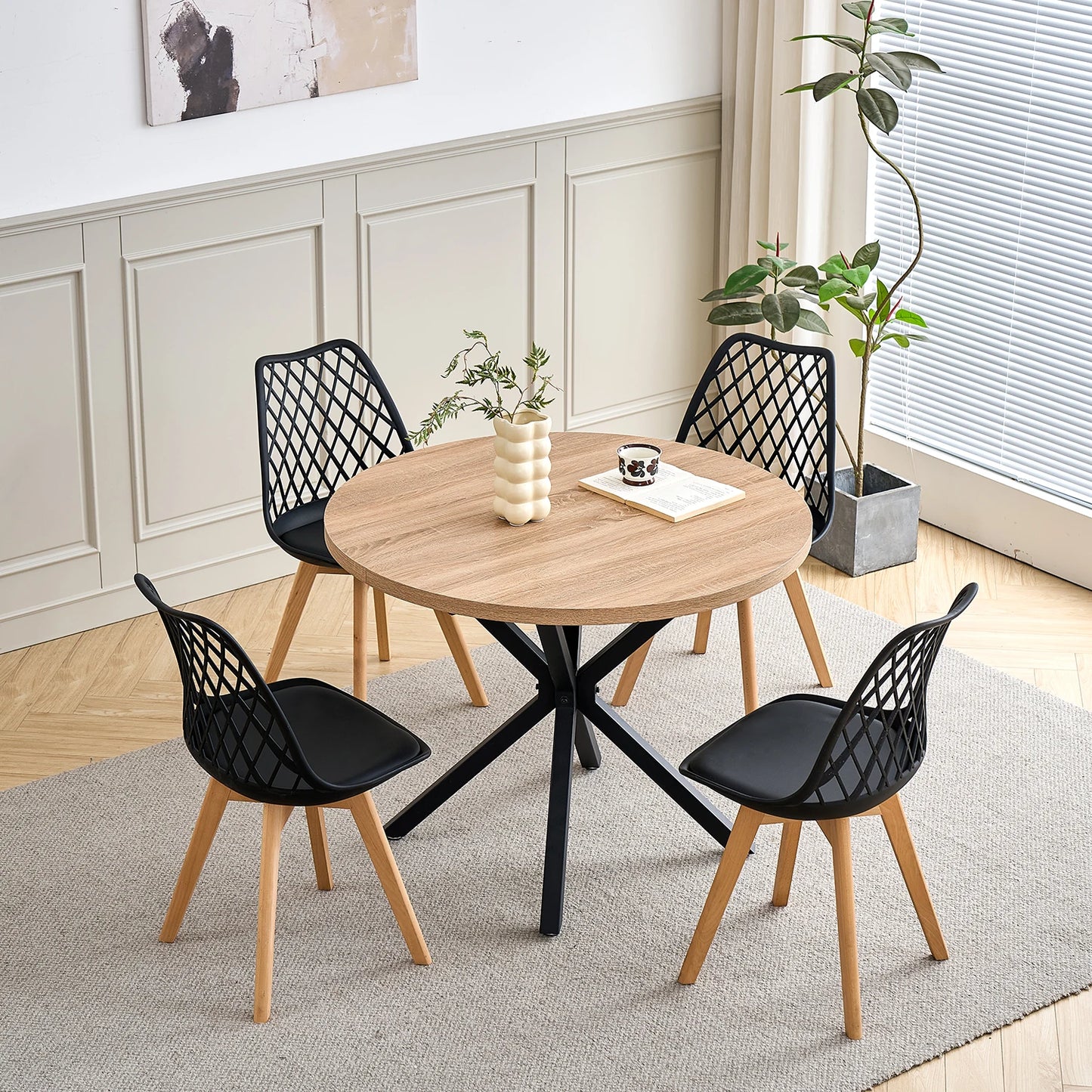 Set of 4 / 6 Nordic Style Dining Chairs, Mesh Back, Solid Wood Legs, Leather Upholstery Chair, White/Black/Beige