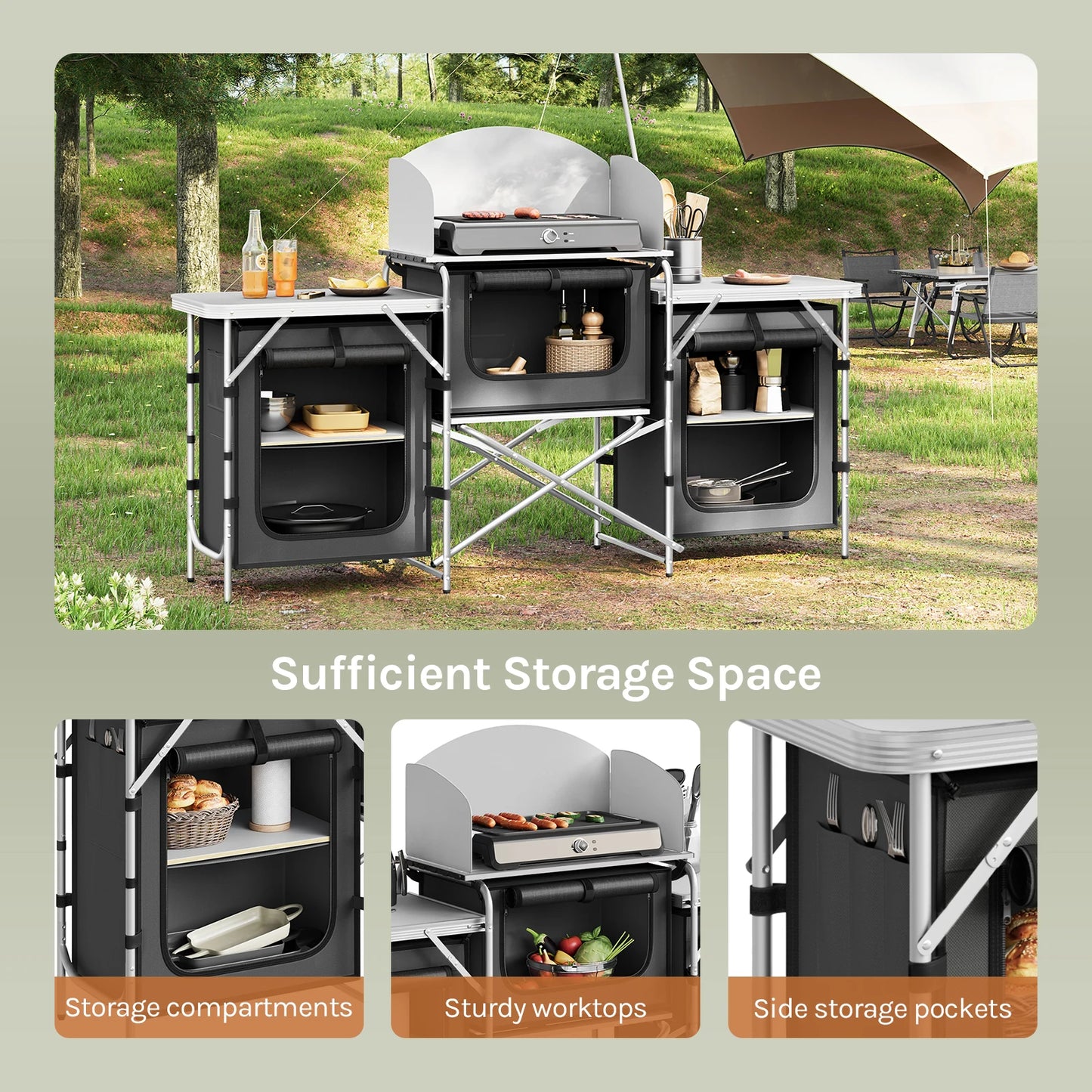 WOLTU Folding Camping Cabinet Aluminium Travel Kitchen with Worktops Storage for Outdoor Picnic BBQ Garden Table with Carry Bag