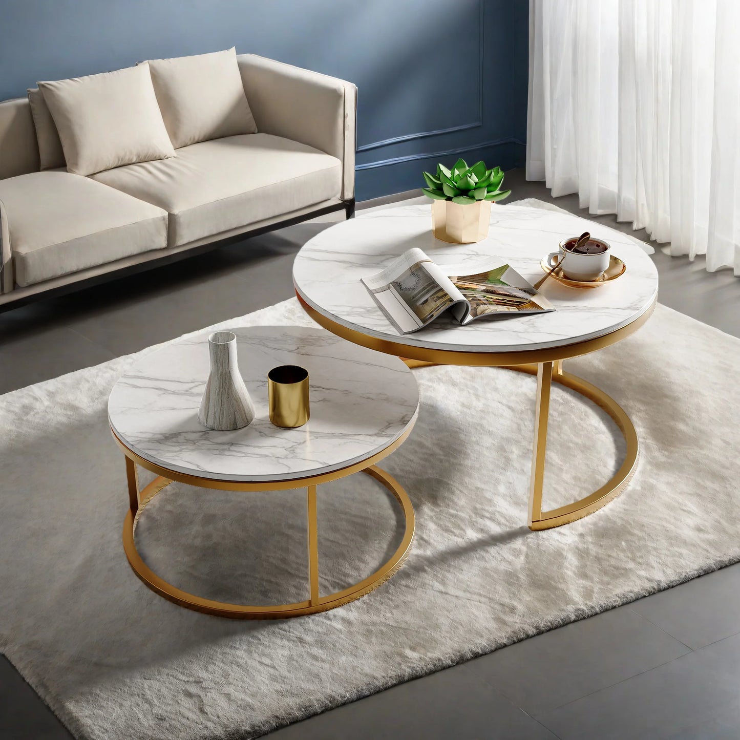 Salontafel set - 2-delig - wit en goud - metalen frame