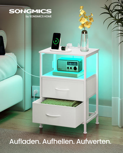 SONGMICS bedside table with LED lighting and charging station, 2 drawer bedside table with open compartment