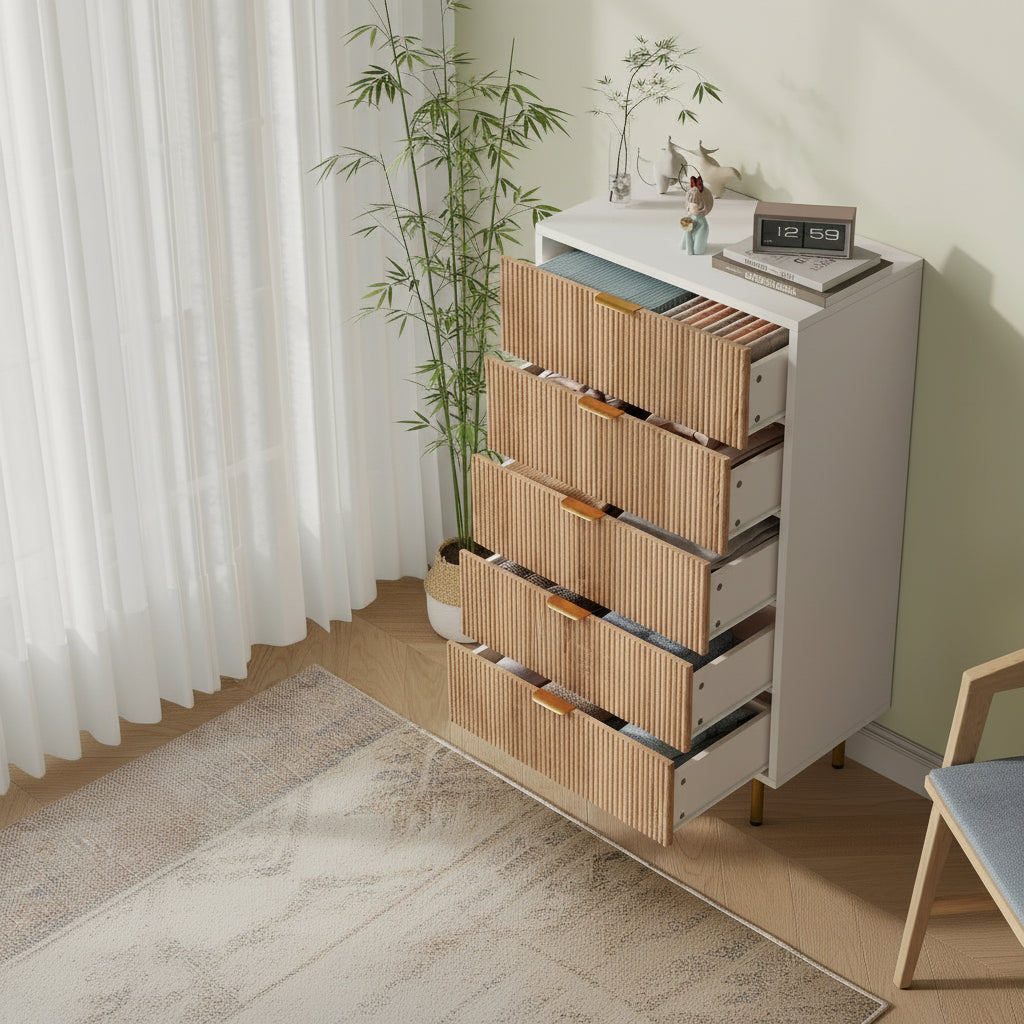 Moderne Ladekast met 5 Laden – Wit & Houtlook- Gouden Details