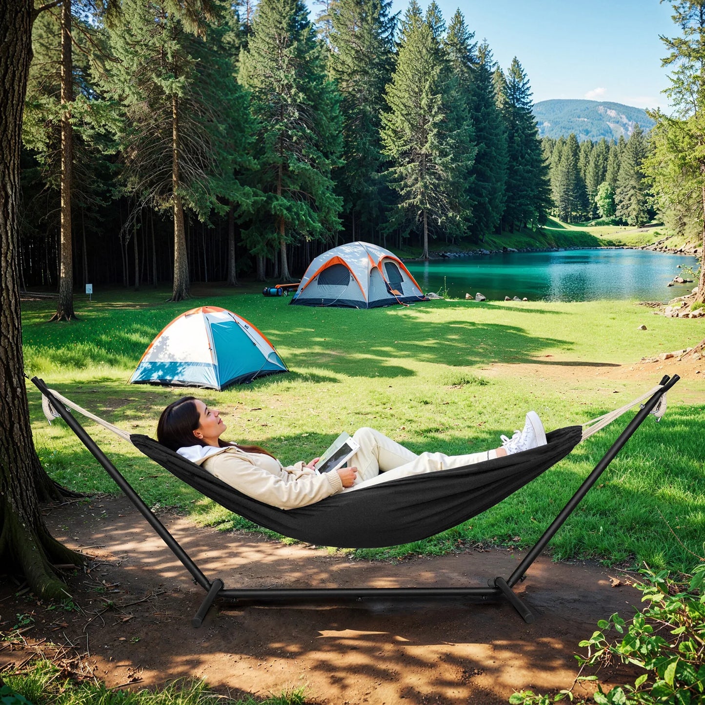 EUGAD Portable Double Hammock with Heavy Duty Stand 250kg Capacity 2 Person Outdoor Hanging Swing Bed for Camping Garden 280x106x100cm