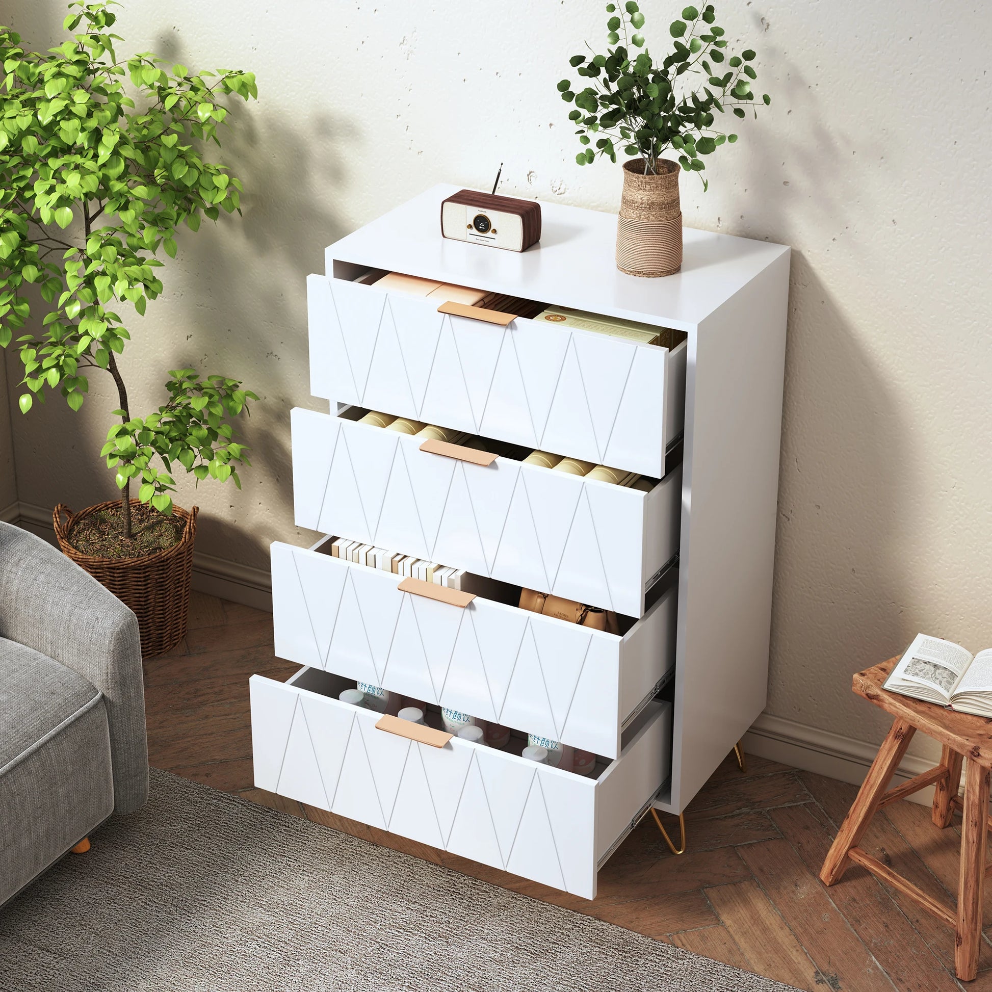 Houten Ladekast - 4 Laden - Witte Houtlook, 60 × 34 × 90 cm
