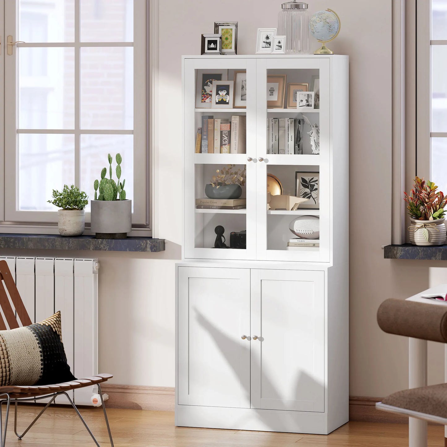 HOMCOM showcase Library, buffet living room, storage unit with 2 glasses doors, 2 drink doors, 4 adjustable shelves, for living room, desk, bedroom, White