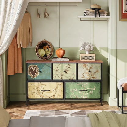 Houten Kast - 5-Trekker - Zwart Frame - Vintage Textuur Effect