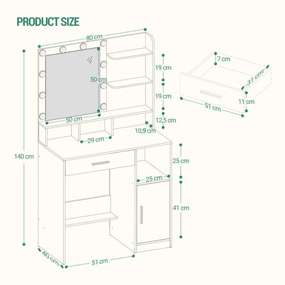 Hzuaneri Dressing Table with Mirror and 10 LED Lights, Vanity Unit with 3 Shelves & 4 Open Compartments, with Large Drawer