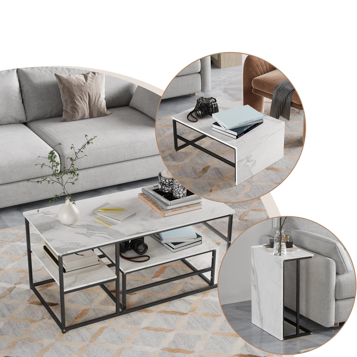 Salontafel - 2-delig - Wit Tafelblad - Zwart - Metalen Frame