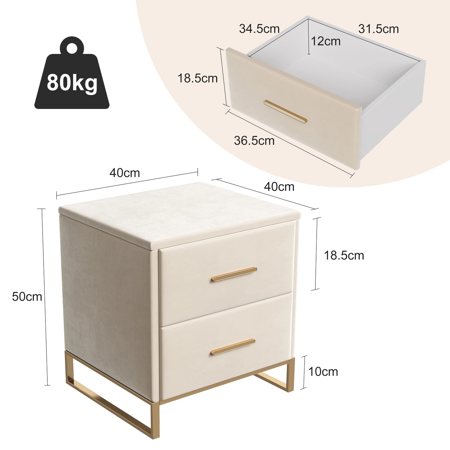 Nachtkastjes - Set van 2 - Velours bekleding - Gebroken Wit