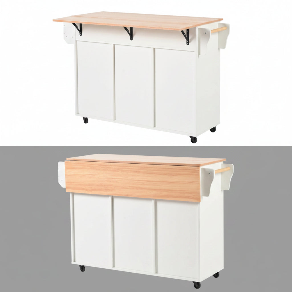 Houten Sideboard - Wit + Houten Werkblad - Opvouwbare Uitbreiding