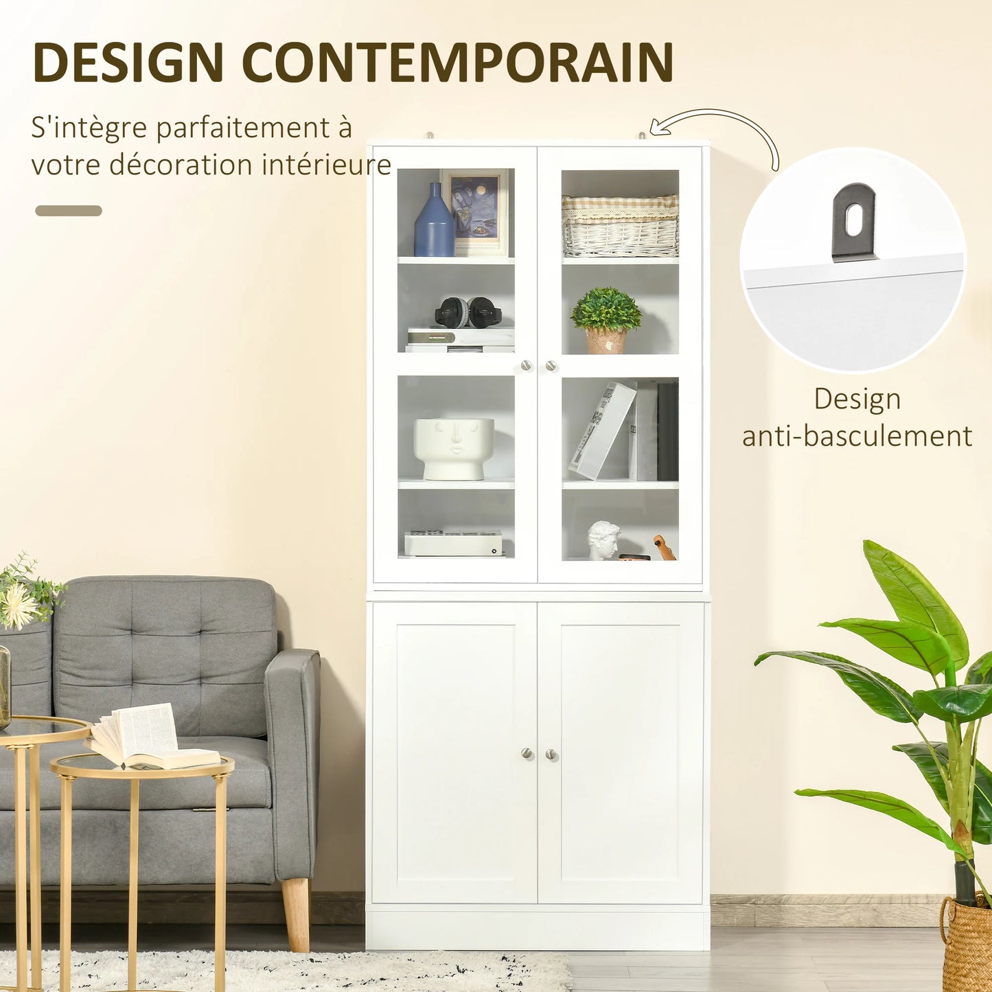 HOMCOM showcase Library, buffet living room, storage unit with 2 glasses doors, 2 drink doors, 4 adjustable shelves, for living room, desk, bedroom, White