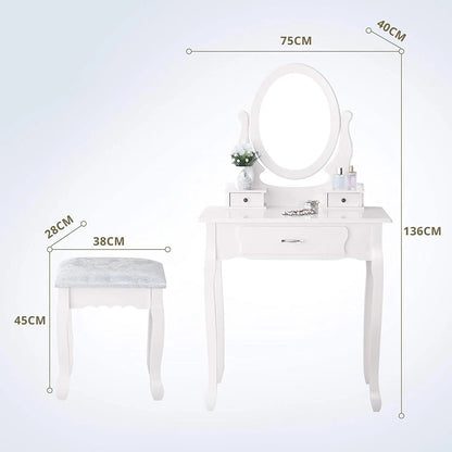 Kunstleren Vanitytafel - Set met Spiegel en Stoel - 3 Laden - Wit