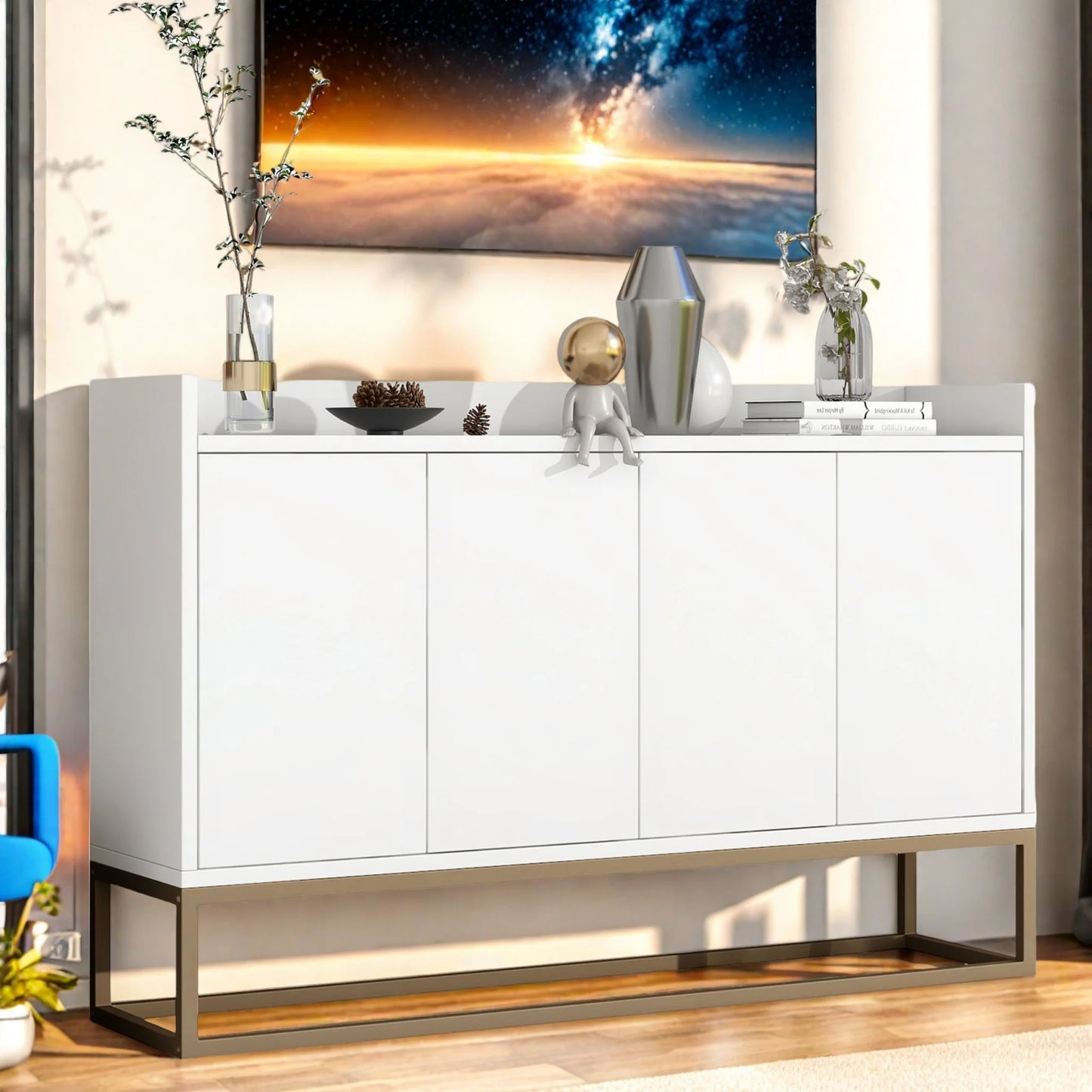 Houten 4-deurs Sidekast - 120x30x80cm, Wit + Zwart