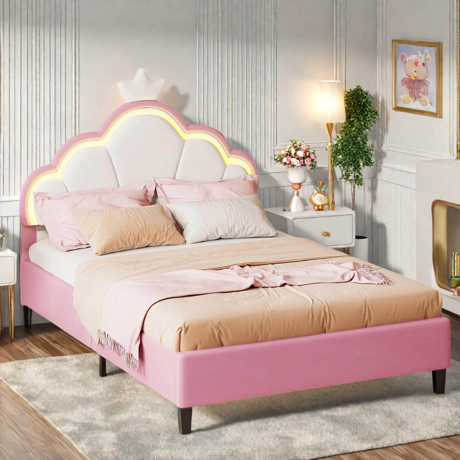 Led-verlichte Kussensbed - 203,5x90,5x132,5 cm, 203,5x140,5x132,5 cm - Flanelstof