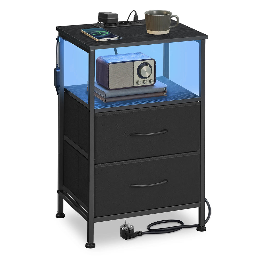 SONGMICS bedside table with LED lighting and charging station, 2 drawer bedside table with open compartment