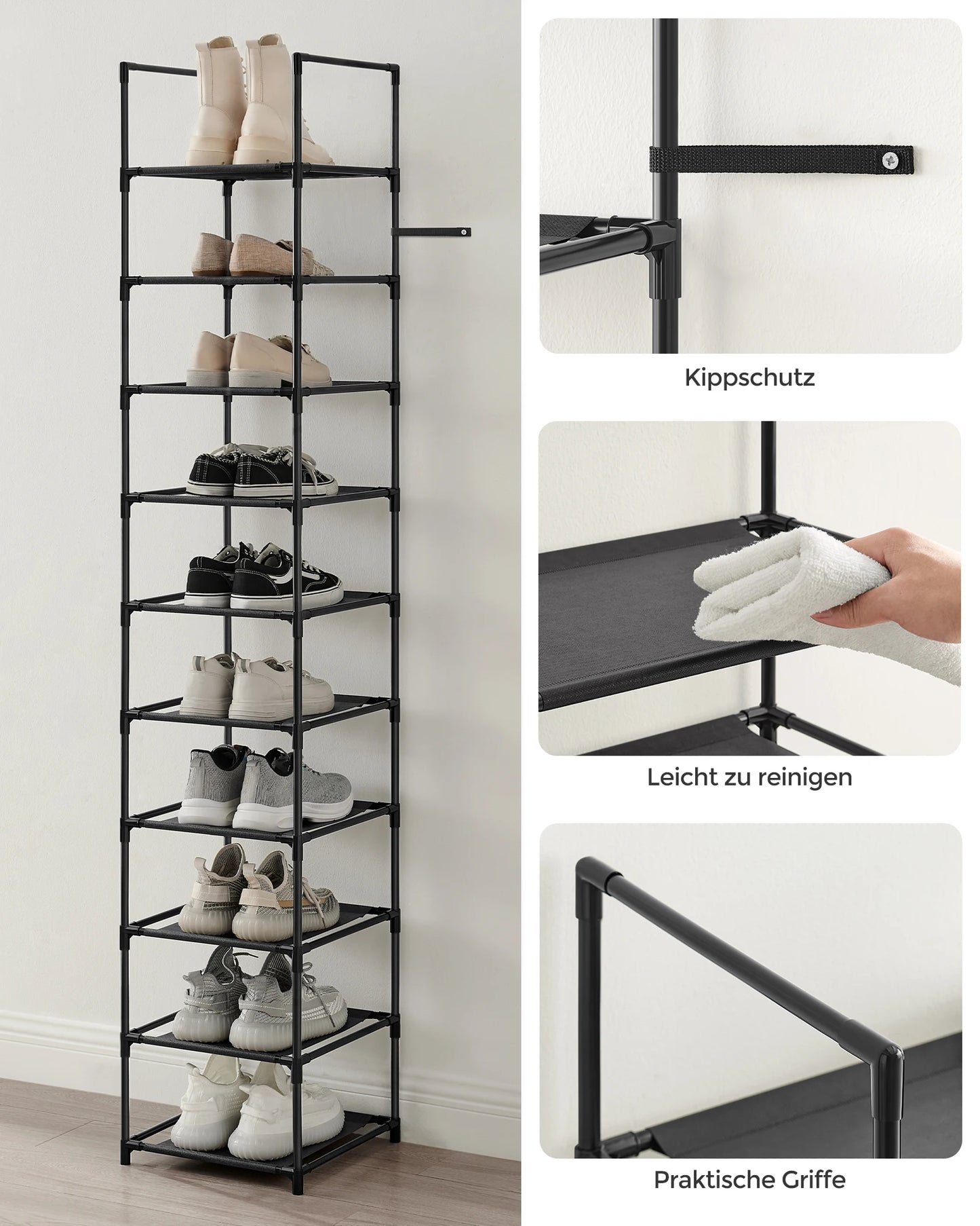 SONGMICS shoe rack 10 Layers Shoe shelf Shoe storage, 33x33x173 cm, Metal Rher, Nonwoven
