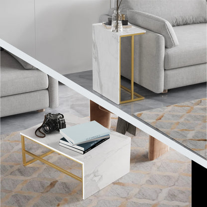 Salontafel - 2-delig - Wit Tafelblad - Zwart - Metalen Frame