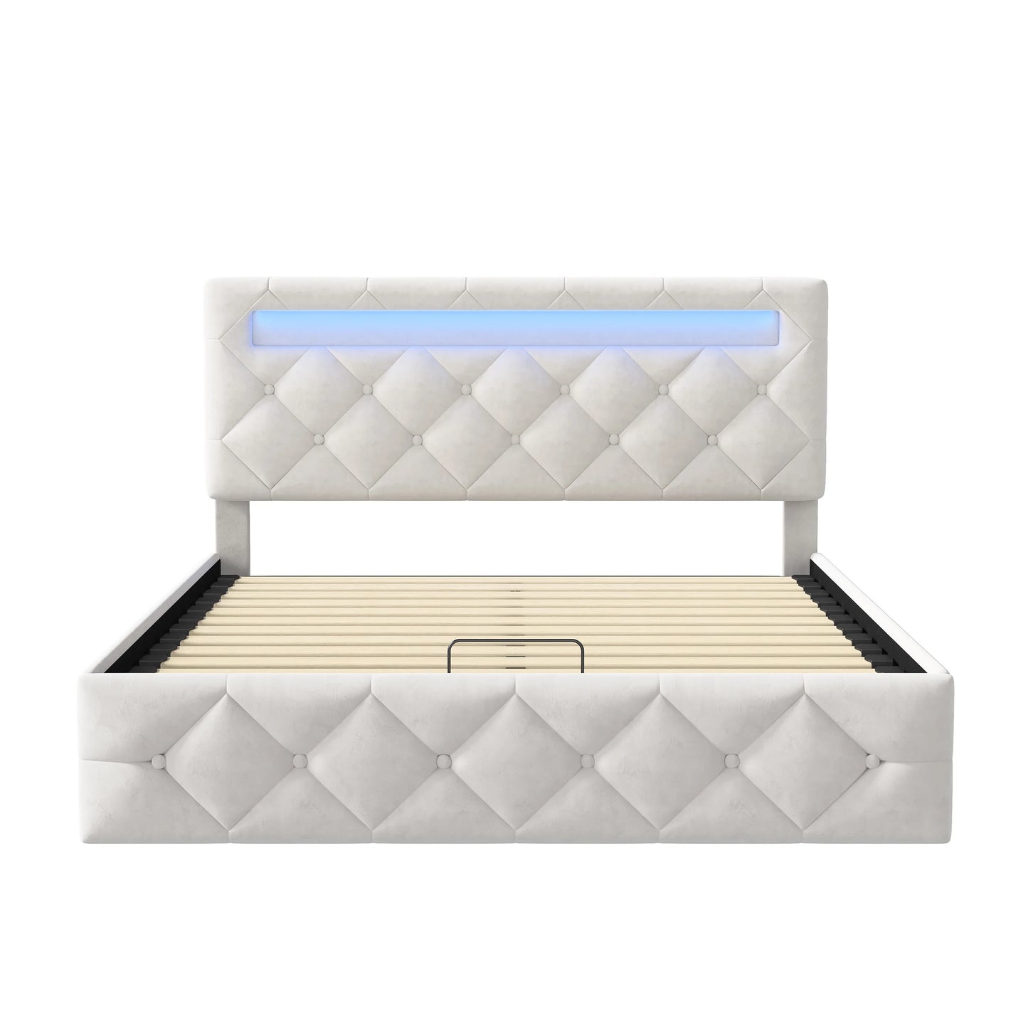 Kunstleer Bedframe - Hoofdeindeling met kleurrijke lichtstrips en hydraulische opbergfunctie