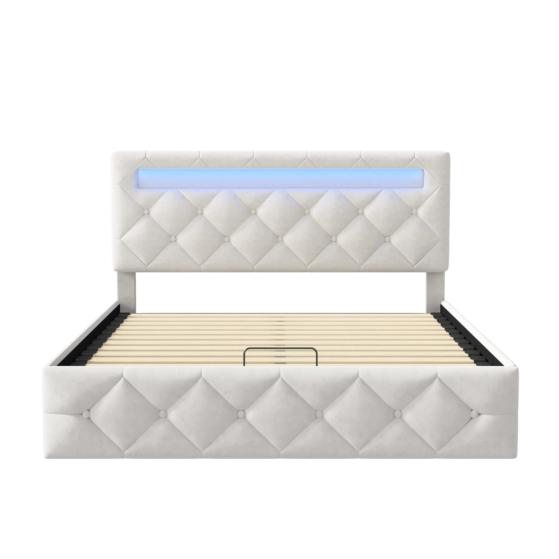 Kunstleer Bedframe - Hoofdeindeling met kleurrijke lichtstrips en hydraulische opbergfunctie