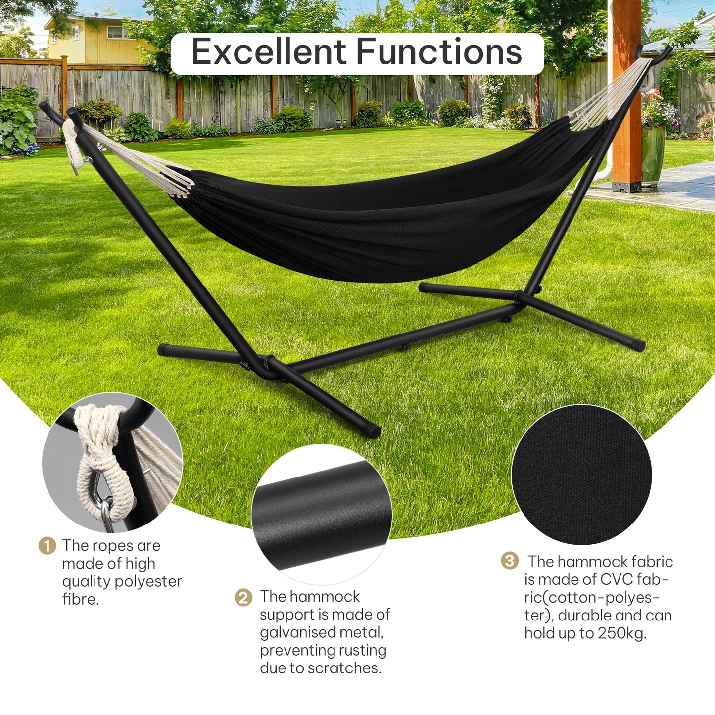 EUGAD Portable Double Hammock with Heavy Duty Stand 250kg Capacity 2 Person Outdoor Hanging Swing Bed for Camping Garden 280x106x100cm