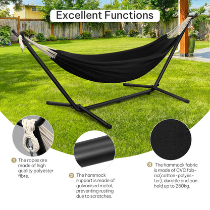 EUGAD Portable Double Hammock with Heavy Duty Stand 250kg Capacity 2 Person Outdoor Hanging Swing Bed for Camping Garden 280x106x100cm
