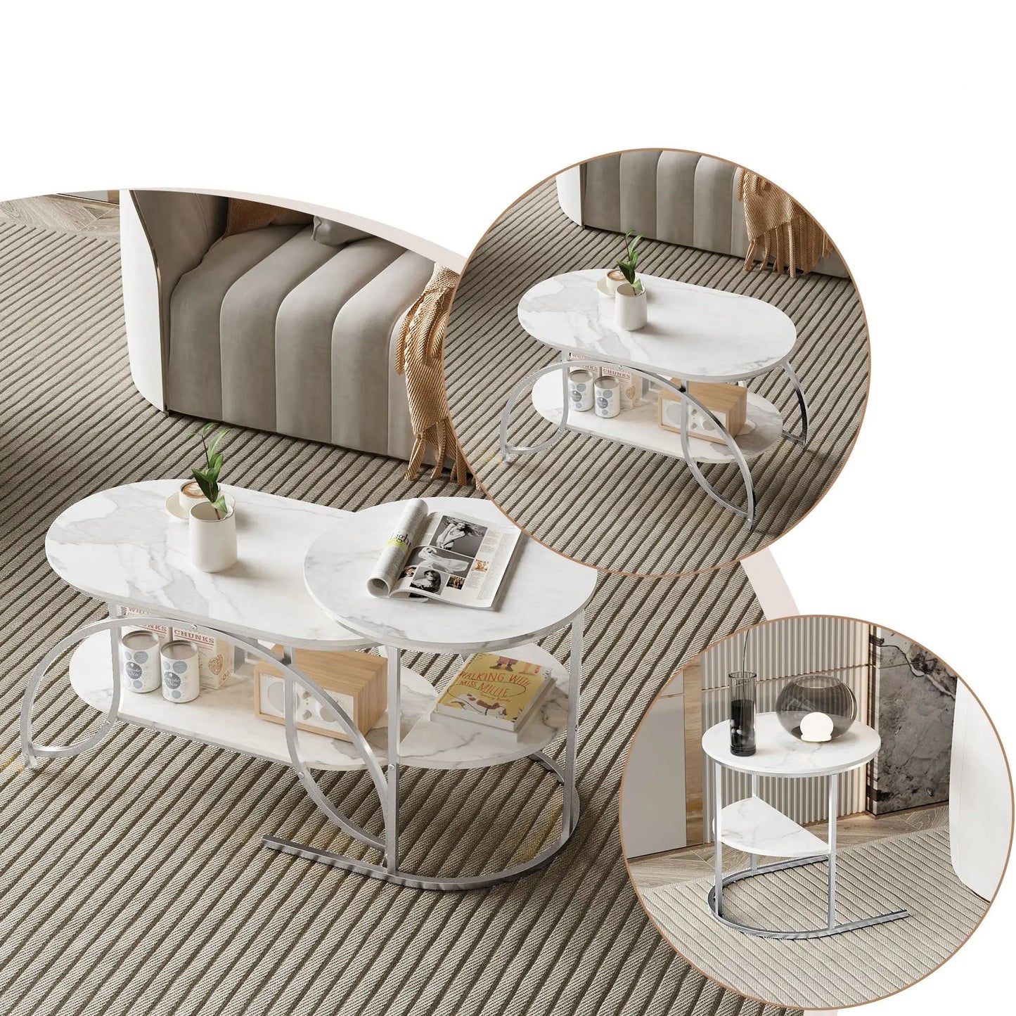 Salontafel Set - 2-Delig - Marmerlook Tafelblad - Zilveren Frame