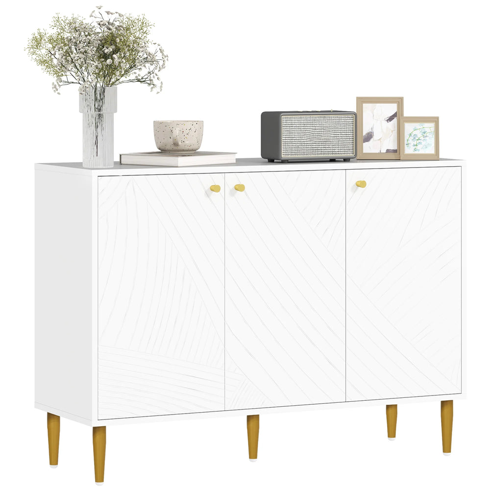 HOMCOM Buffet, storage unit, with 2 closet, adjustable shelves, 3 doors with carved lines, steel Golden Feet, blan