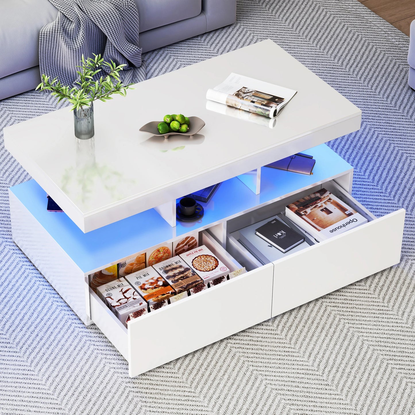 Salontafel met LED-verlichting - Kunstleren Afwerking, 2 Laden, 104 × 53 × 46 cm