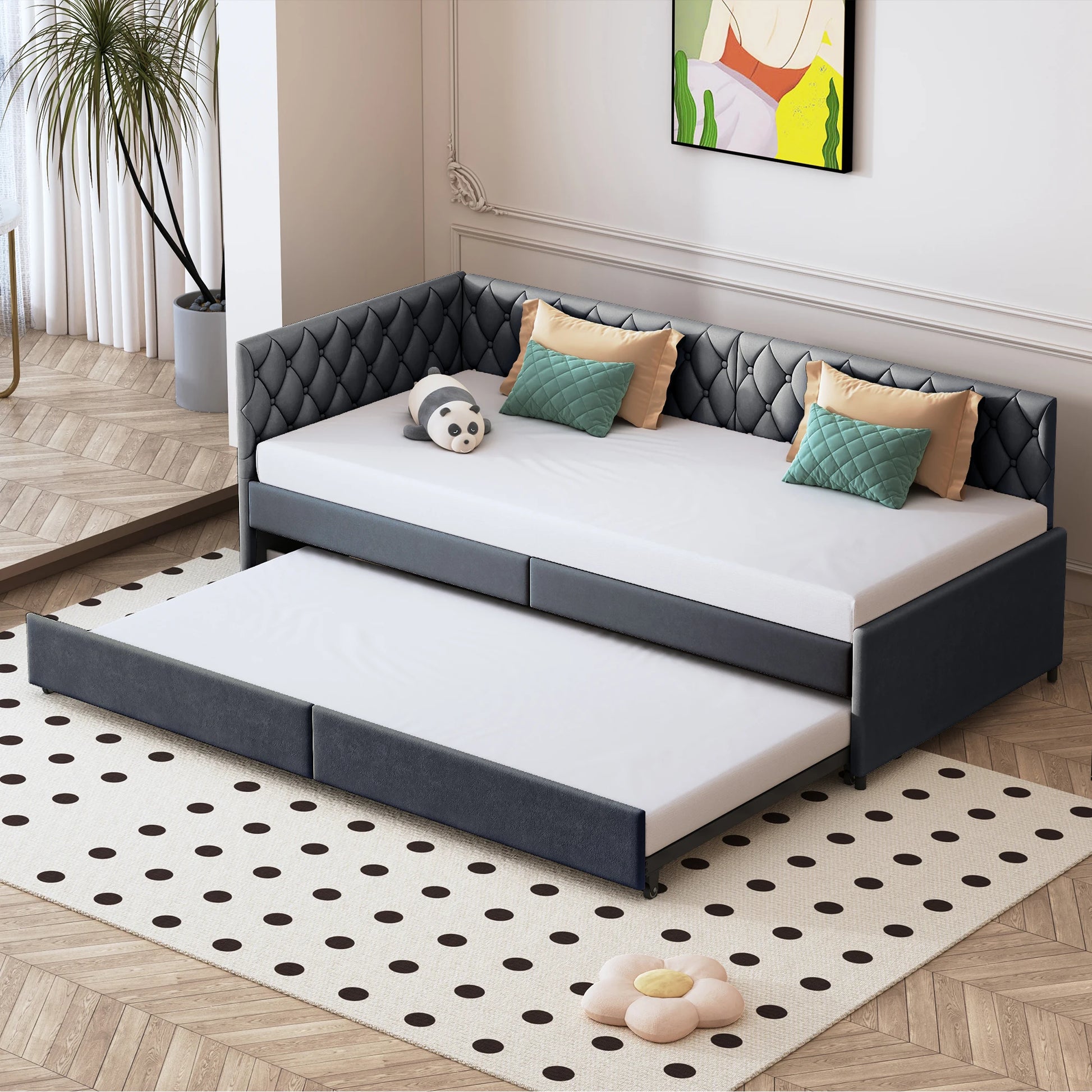 Velveten Extensieve Slaapbank - 200x96cm - Grijs/Wit - 12cm Mattras