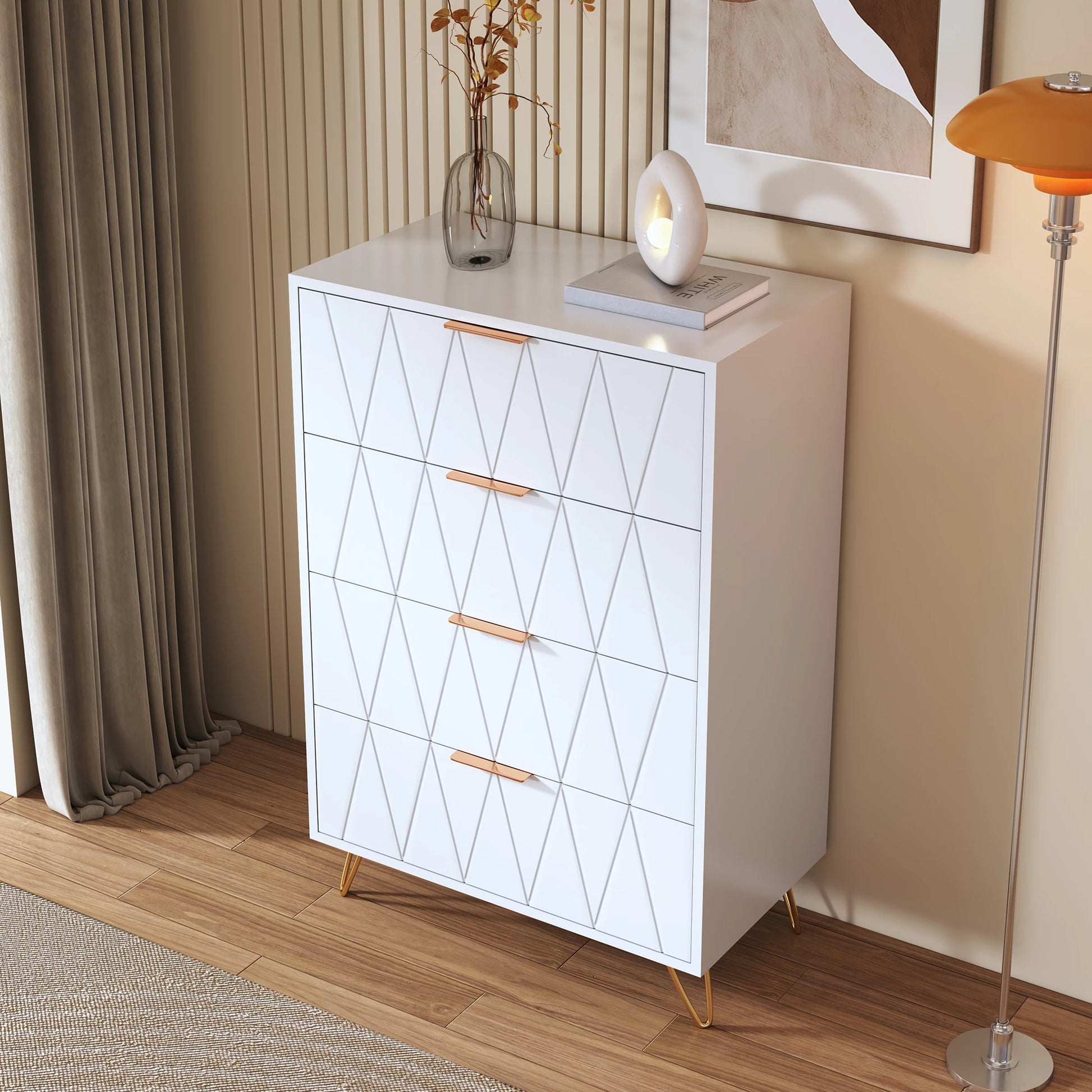 Houten Ladekast - 4 Laden - Witte Houtlook, 60 × 34 × 90 cm