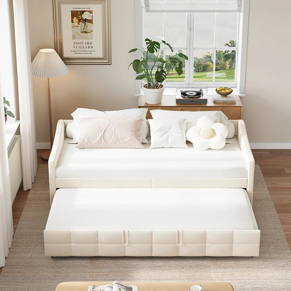 Velvet Sofa Bed - 90x200cm - Crème