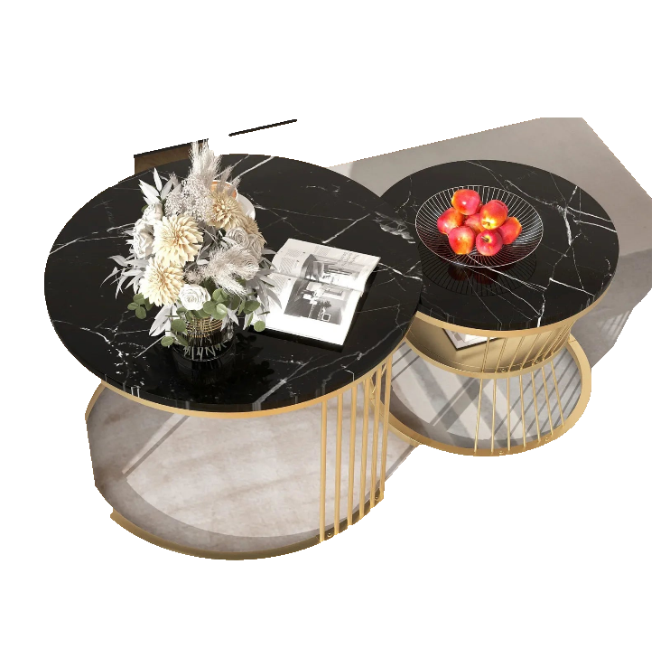 Ronde Salontafel Set - 2 Stuks - Zwart & Wit Marmerlook, Metalen Frame