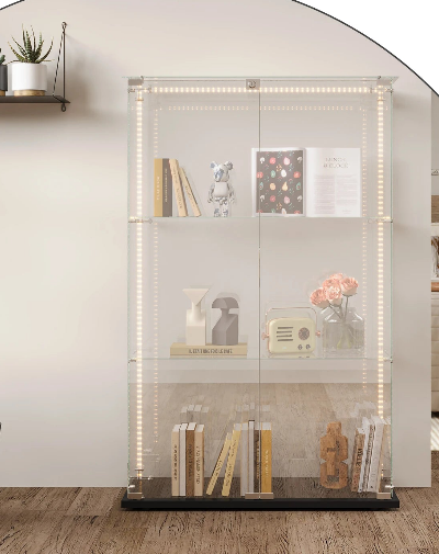 Glazen Vitrinekast - 3 Glazen Planken, Dubbele Deuren, LED-verlichting, 53 × 10 × 60 cm
