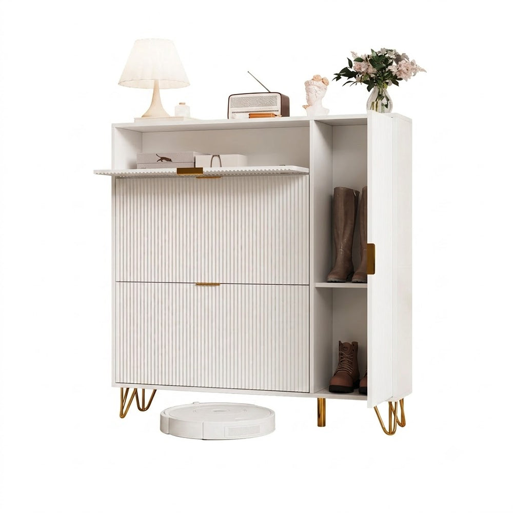 Houten Schoenenkast - 3 Vakken - Wit met Gouden Accenten, Modern Design