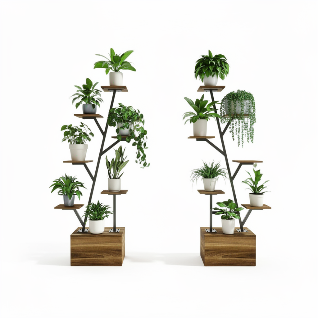 Plantenstandaard - Boomvormig Ontwerp - Houtkleurig - Metalen Frame