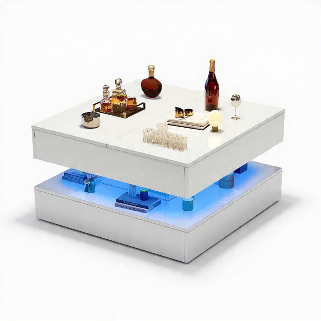 Hoogglans Salontafel - RGB LED-verlichting, Opbergladen, 60 × 60 cm, Wit/Zwart
