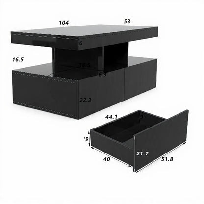 Houten Salontafel - Verstelbare LED-verlichting, 2 Laden, 104 × 53 × 46 cm